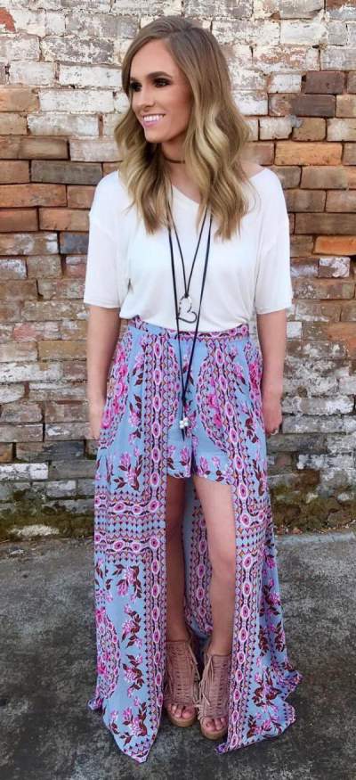 Hippie Style High Waist Maxi Shorts, Top And Wedges