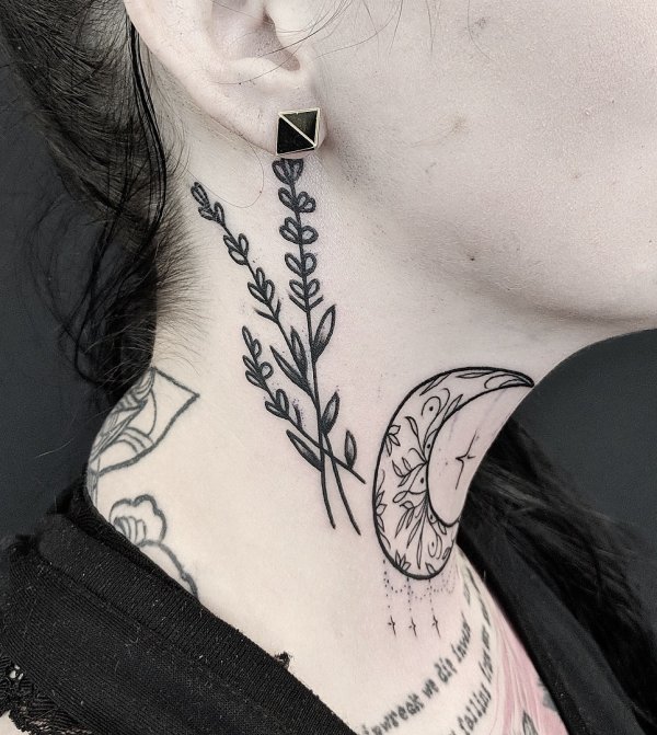 Lavender Branches And Ornamental Moon Tattoo On Neck