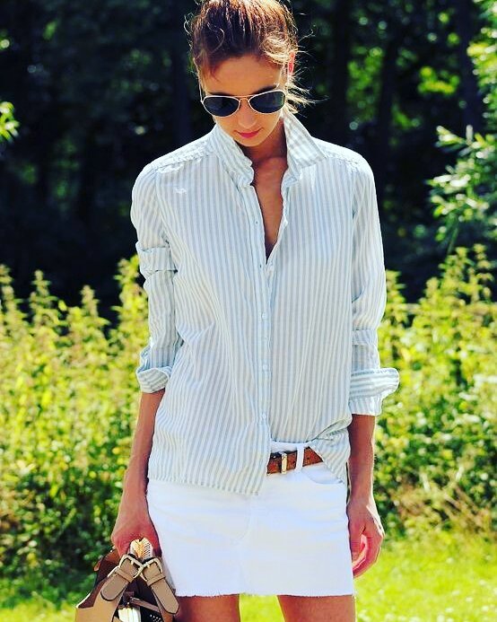 Light Color Stripes Button Down Shirt With White Skirt