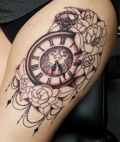 Lightly Shaded Bunch Of Flower Tattoo With Clock For Thigh