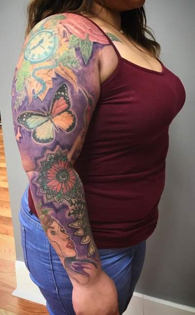 Lovely Colorful Full Sleeve Tattoo With Butterfly And Girl