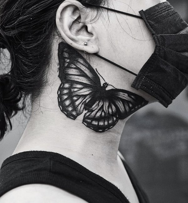 Marvelous Black Butterfly For Side Neck Tattoo Design
