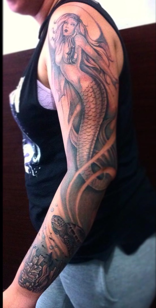 Mermaid With Turtle Full Sleeve Tattoo