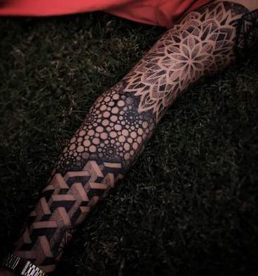 Modern Tribal Geometric Dot Work Full Sleeve Tattoo