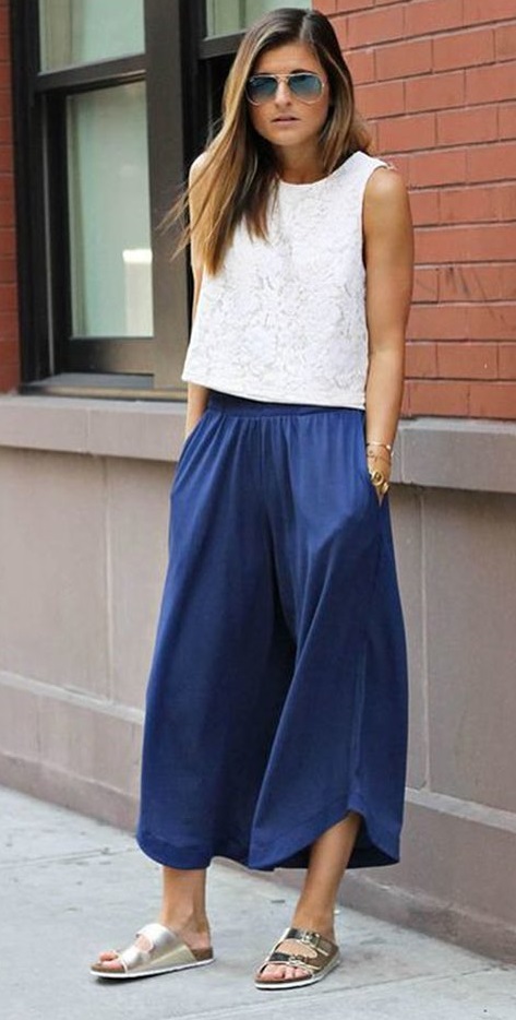 Navy Blue Loose Crop Pant, White Top And Flats