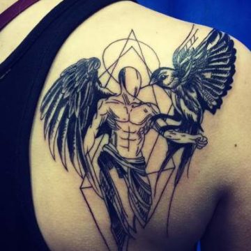 Nice Angel Bird Linework Shoulder Tattoo