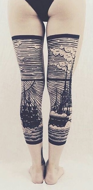 Perfect Black & White Sea Tattoo On Leg For Summer