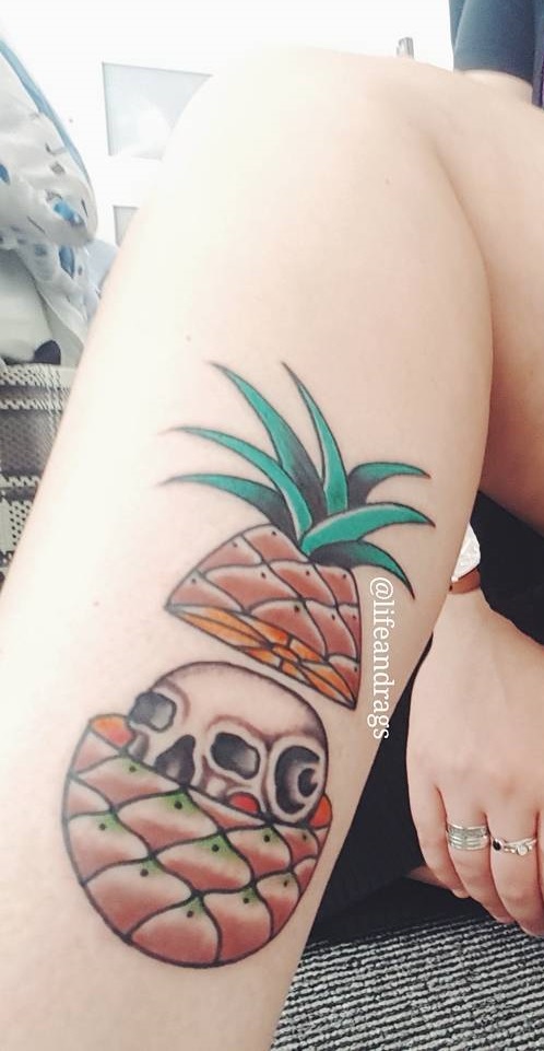 Precious Pineapple Skull Lower Leg Tattoo