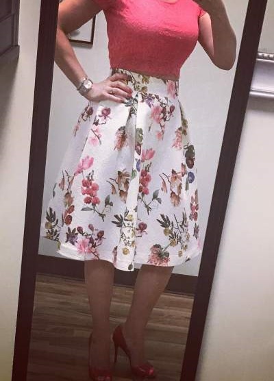 Pretty Red Crop Top Paired With floral Skirt And High Heels