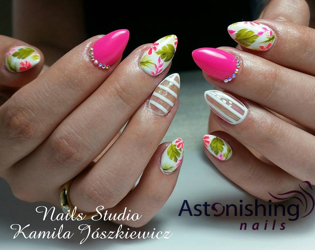 Ready To Dazzle In Summer With Pink Neon, Floral And Stripes Nails