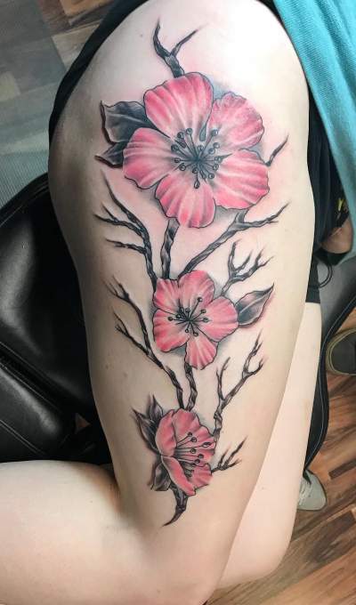 Realistic Flower Tattoo On Thigh For Women