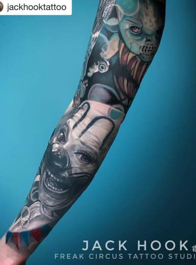 Realistic Horror Circus Full Sleeve Tattoo With Evil Doll