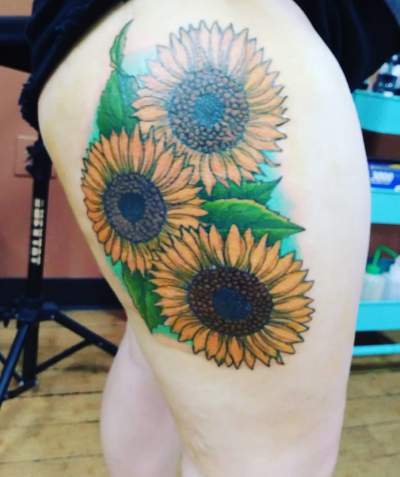 Realistic Sunflower Thigh Tattoo For Women