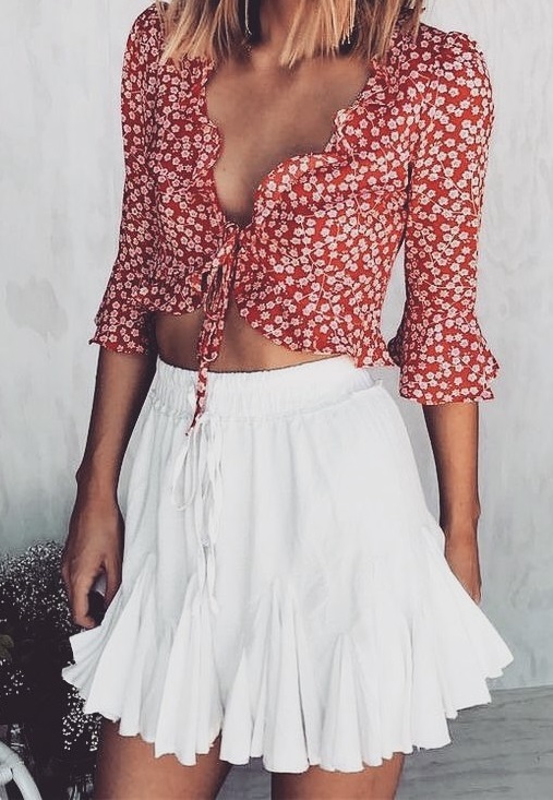 Red Floral Print Crop Top & White Skirt