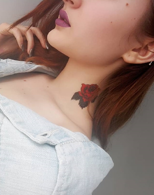 Red Rose Tattoo On Side Neck
