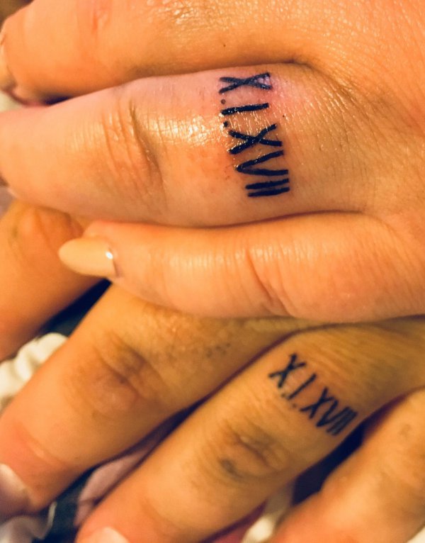 Roman Numerals Ring Finger Couple Tattoo