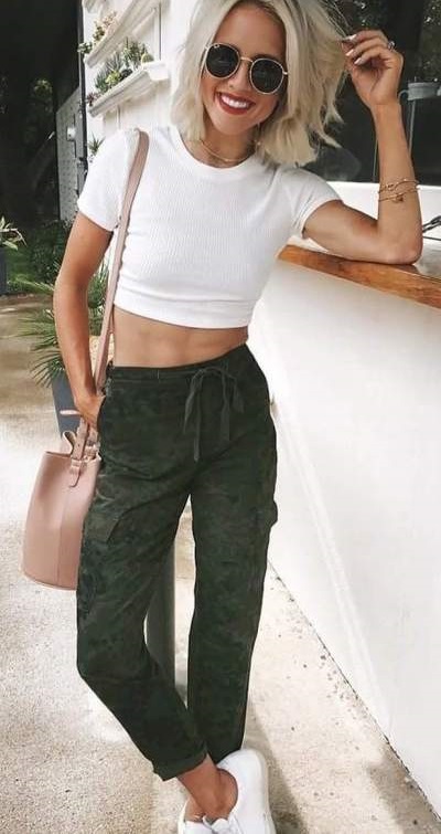 Simple Cropped Top With Velvet Army Green Pant, White Sneakers and Sunglasses