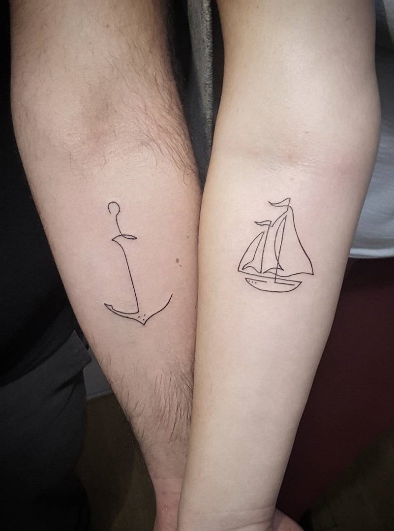 Single Needle Ship And Anchor Couple Tattoo - Blurmark.