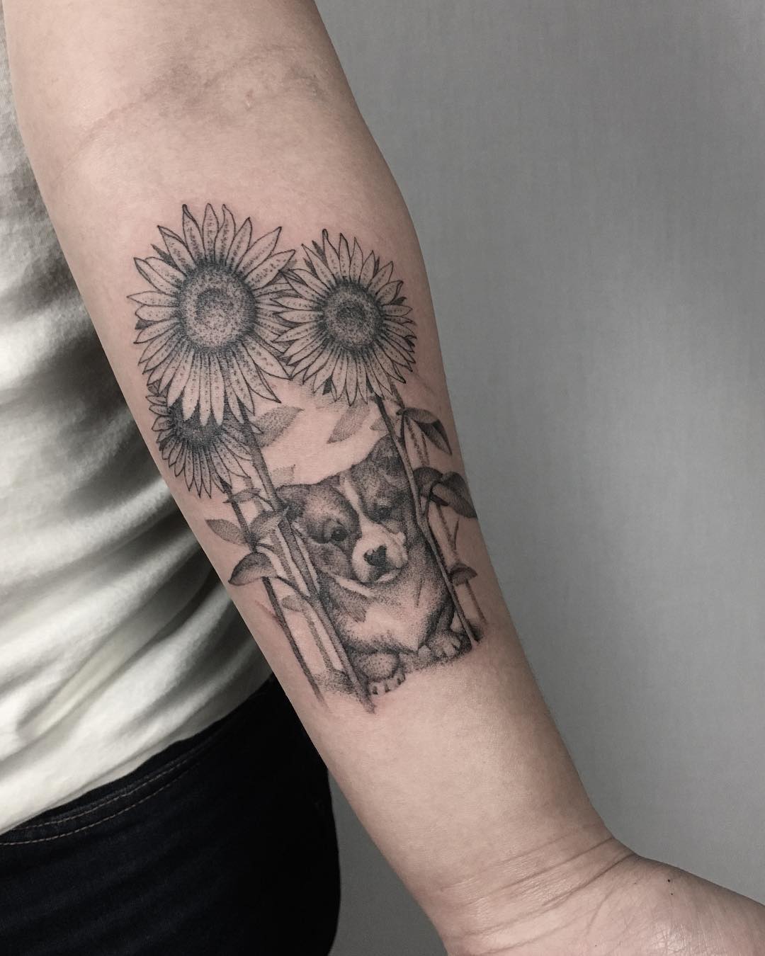 Single Needle Tattoo Of Sunflower With Puppy