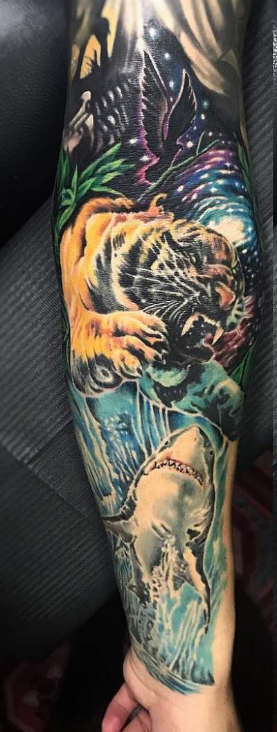 Stunning Colorful Full Sleeve Tattoo With Bird, Galaxy, Shark, Space And Tiger