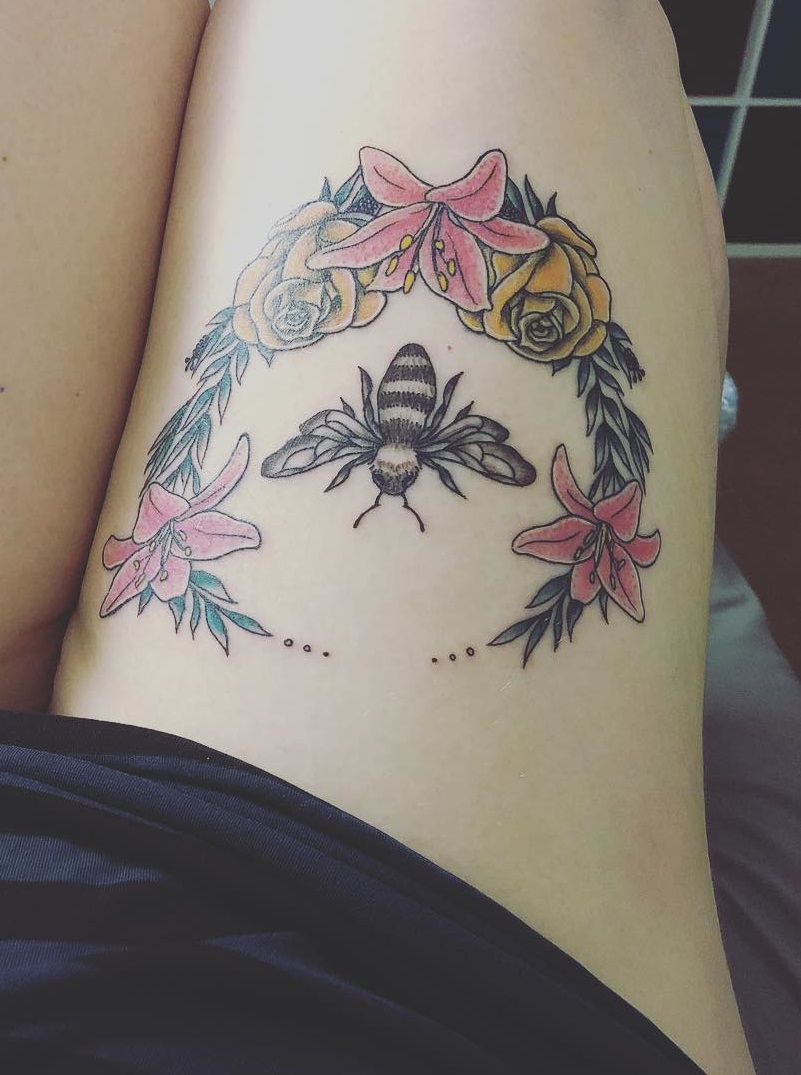 Stunning Lillies With Bee Inked On Thigh