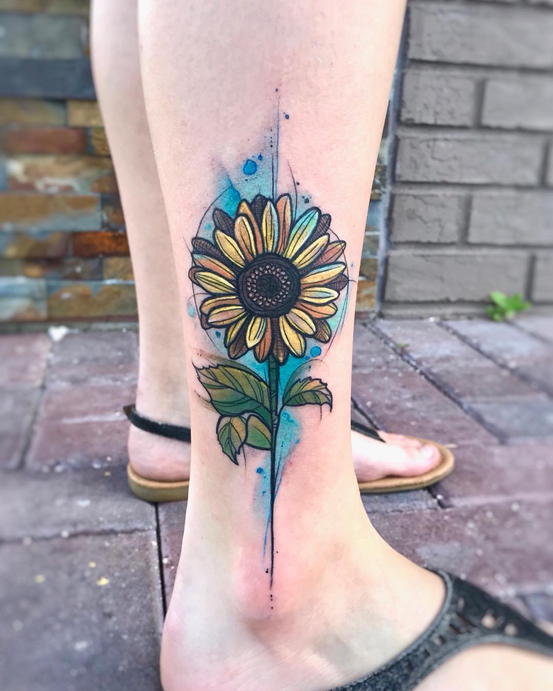 Swanky Watercolor Sunflower Leg Tattoo