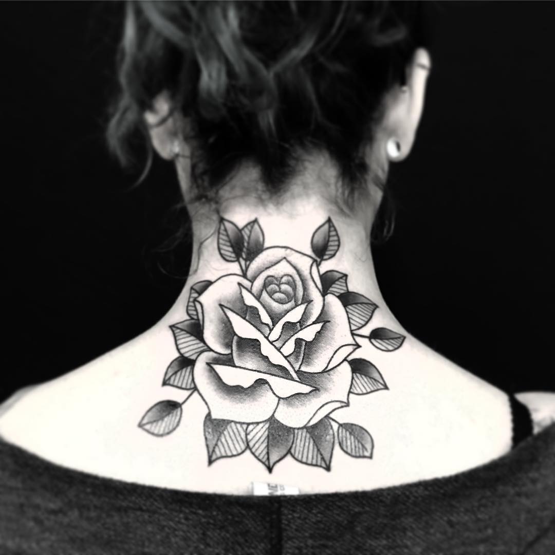 Traditional Rose Tattoo On Neck For Girls