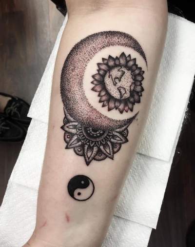 Ultimate Dotwork Crescent Moon Sunflower Tattoo Idea