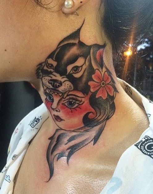 Unique Cat And Women Neck Tattoo If You Love Dark Beauty