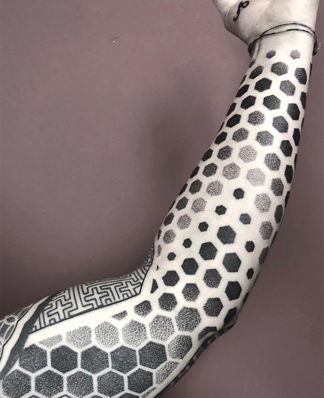Unique Dot Work Haxagon Full Sleeve Tattoo Idea