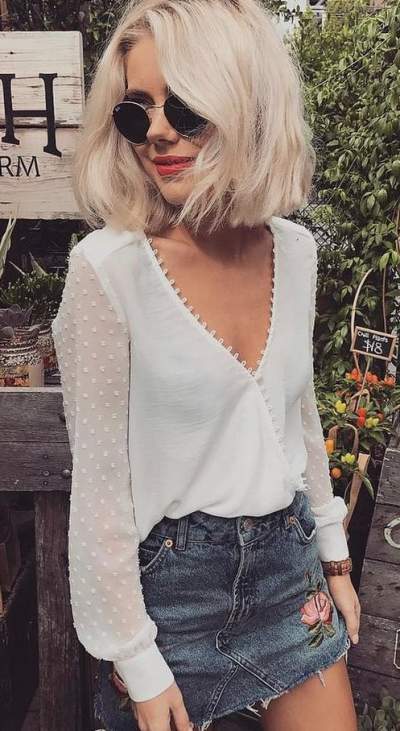 V-Neck White Top With Denim Embroidered Skirt