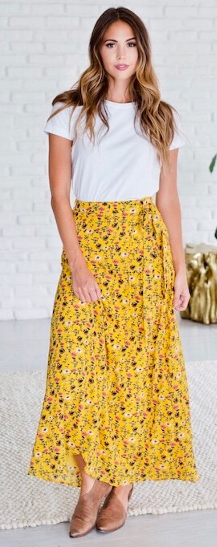 Vibrant Yellow Floral Print Rilo Skirt With White Tee