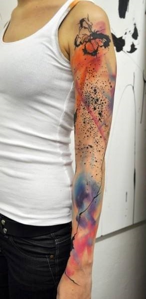 Water Color Full Sleeve Abstract Tattoo Design For Girls