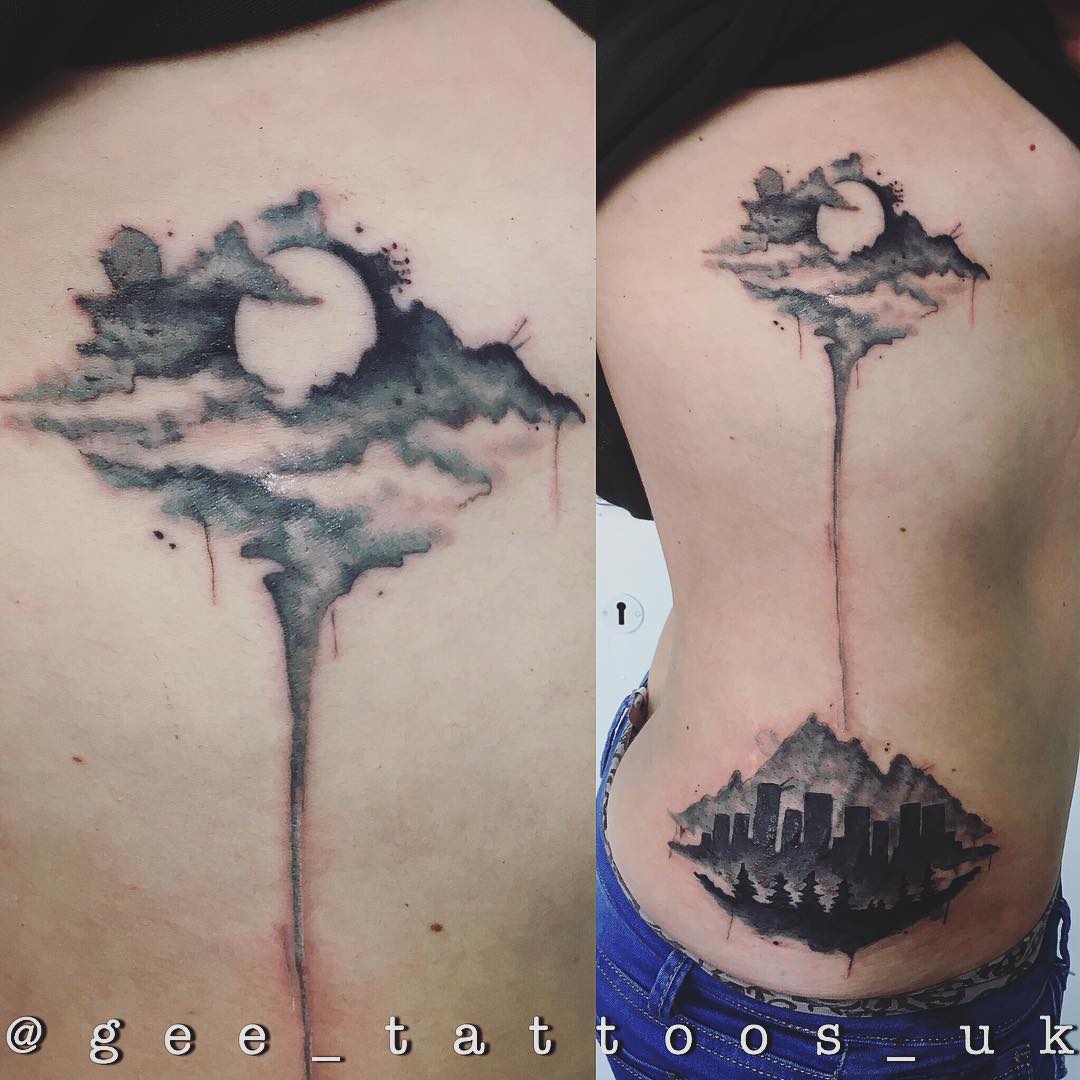 Watercolor Forest, Landscape and Mountain Tattoos on Ribs Summer Tattoo Ideas