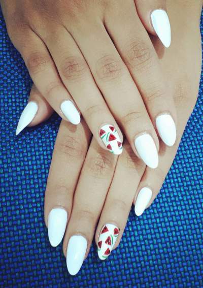 White Nails With Watermelon Slides Perfect For Summers