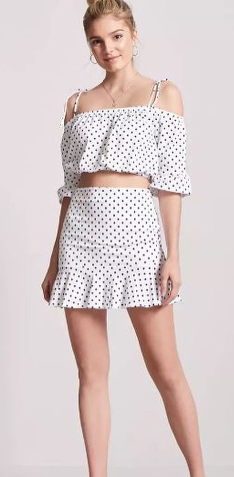 White Polka Dots Off Shoulder Crop Top With Matching Skirt