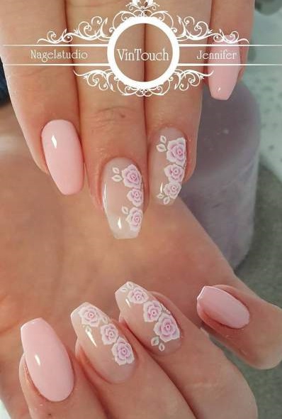 White Rose Flowers Summer Design On Pink Polish For Long Nails