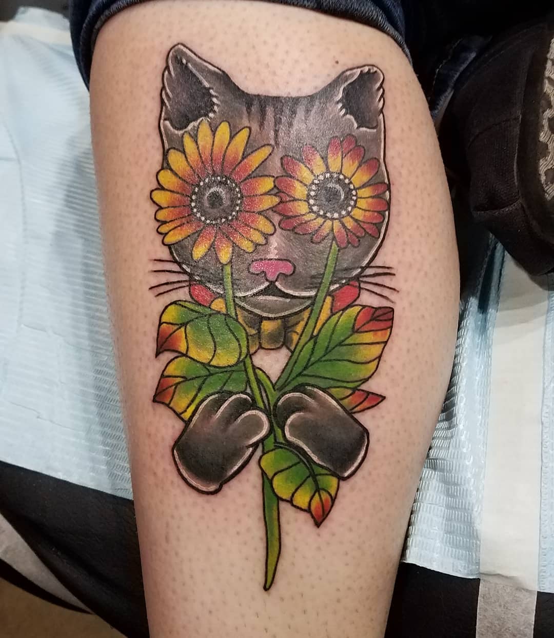 Wild Cat Tattoo With Sunflower As Eyes