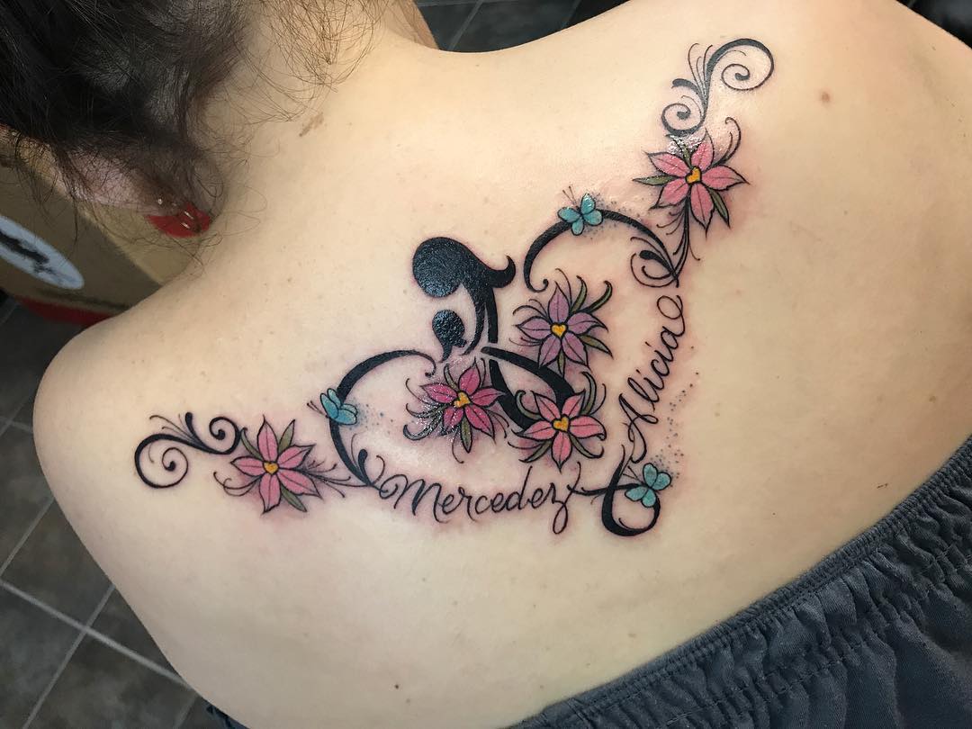 Adorable Mother Daughter Tattoo On Upper Back