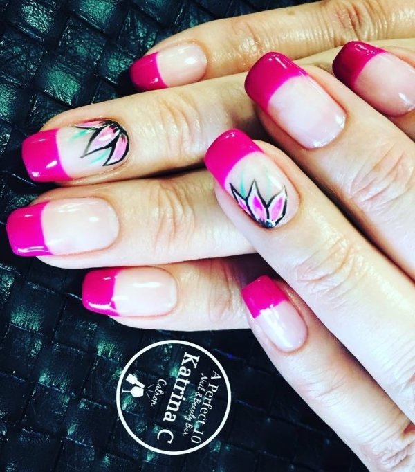 Awesome Party Style Nails With Pink Tips And Flower