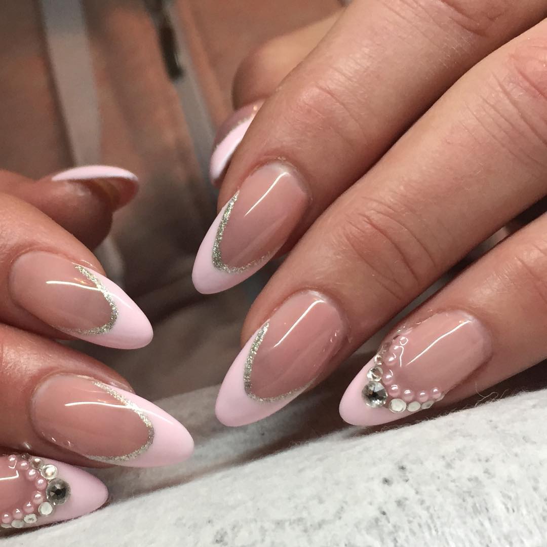 Baby Pink French Nails With Crystal Swarovski