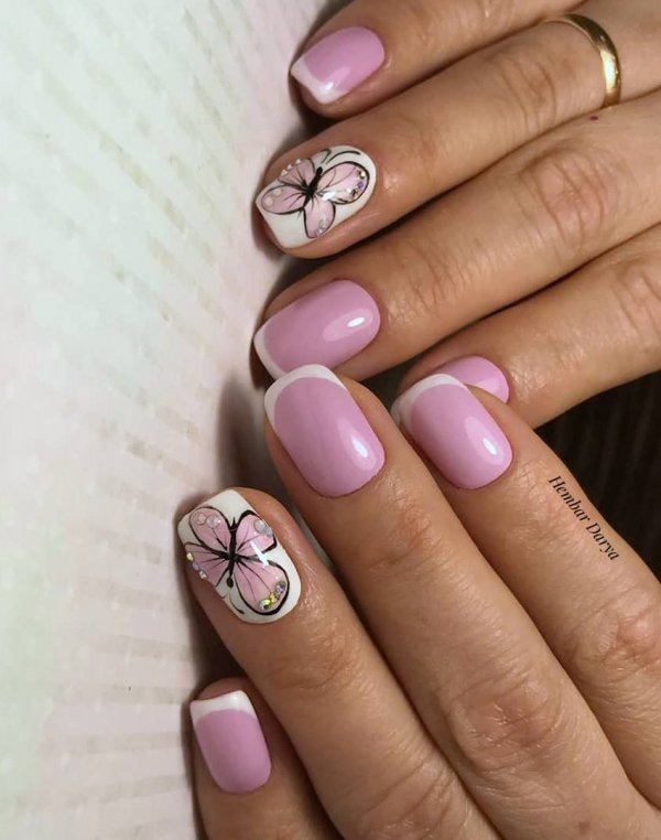 Best Way To Paint Pink` Nails With White Tips And Butterfly