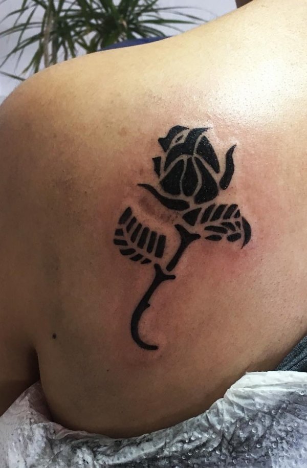 Black Rose Tattoo On Back Shoulder