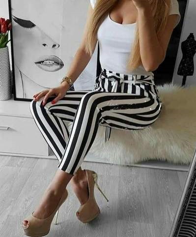 Black & White Stripes Bottom, White Tee And Beige High Heels