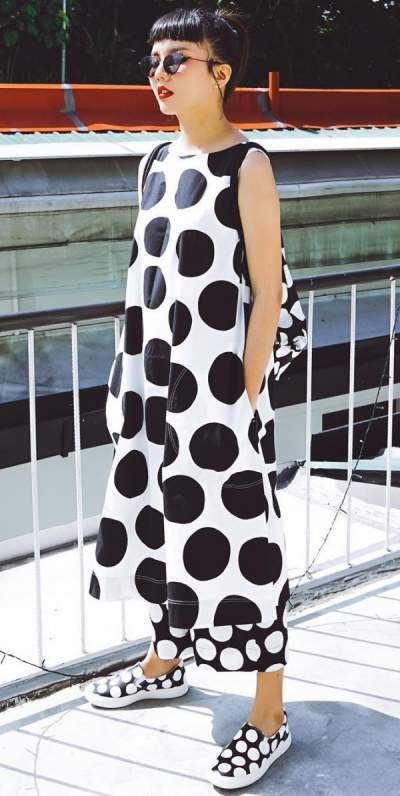 Bold Black And White Polka Dots Maxi Dress And matching Flats And Bag