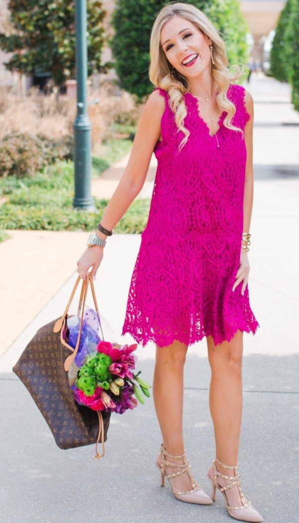 Bright Pink Lace Dress And Beige High Heels