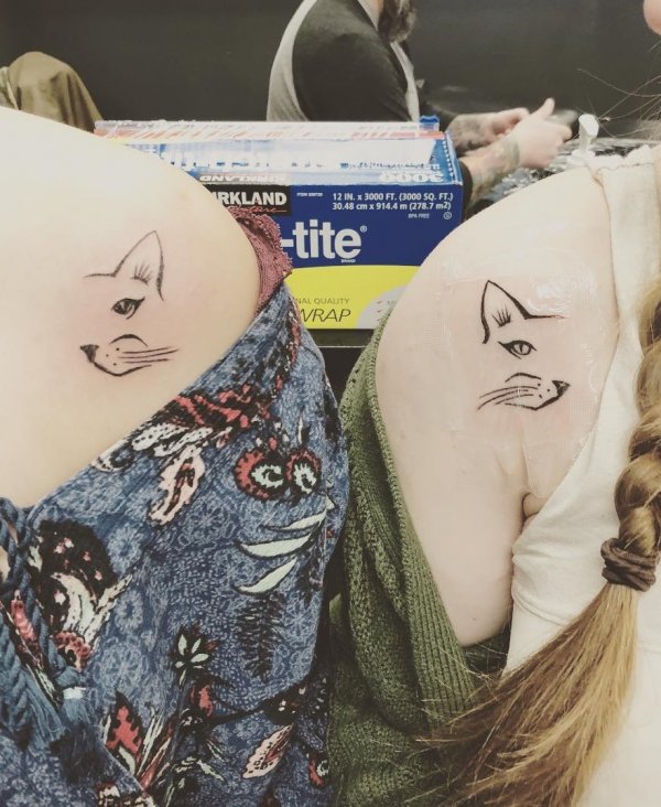Cat Shoulder Tattoo For Mother And Daughter