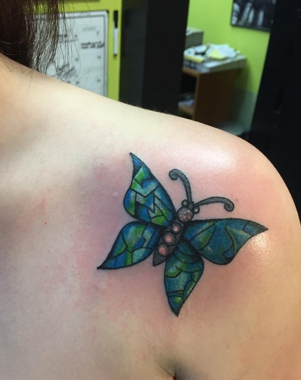 Colorful 3D Butterfly Tattoo To Get For Front Shoulder