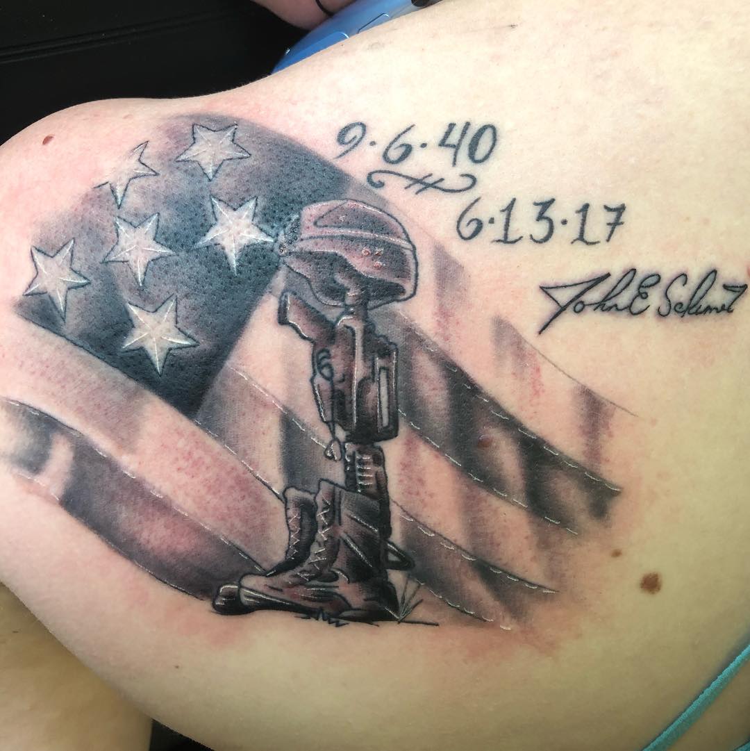 Dashing Back Shoulder Soldier Tattoo Idea