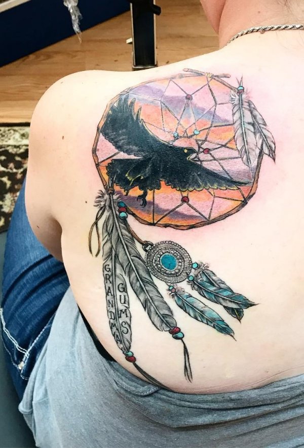 Dashing Dreamcatcher Memorial Tattoo On Back Shoulder